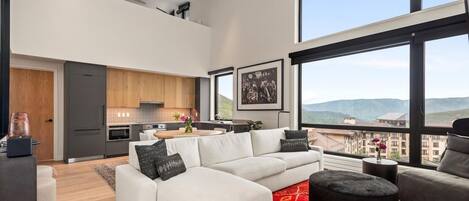 Smart TV, chimenea, libros y videoteca