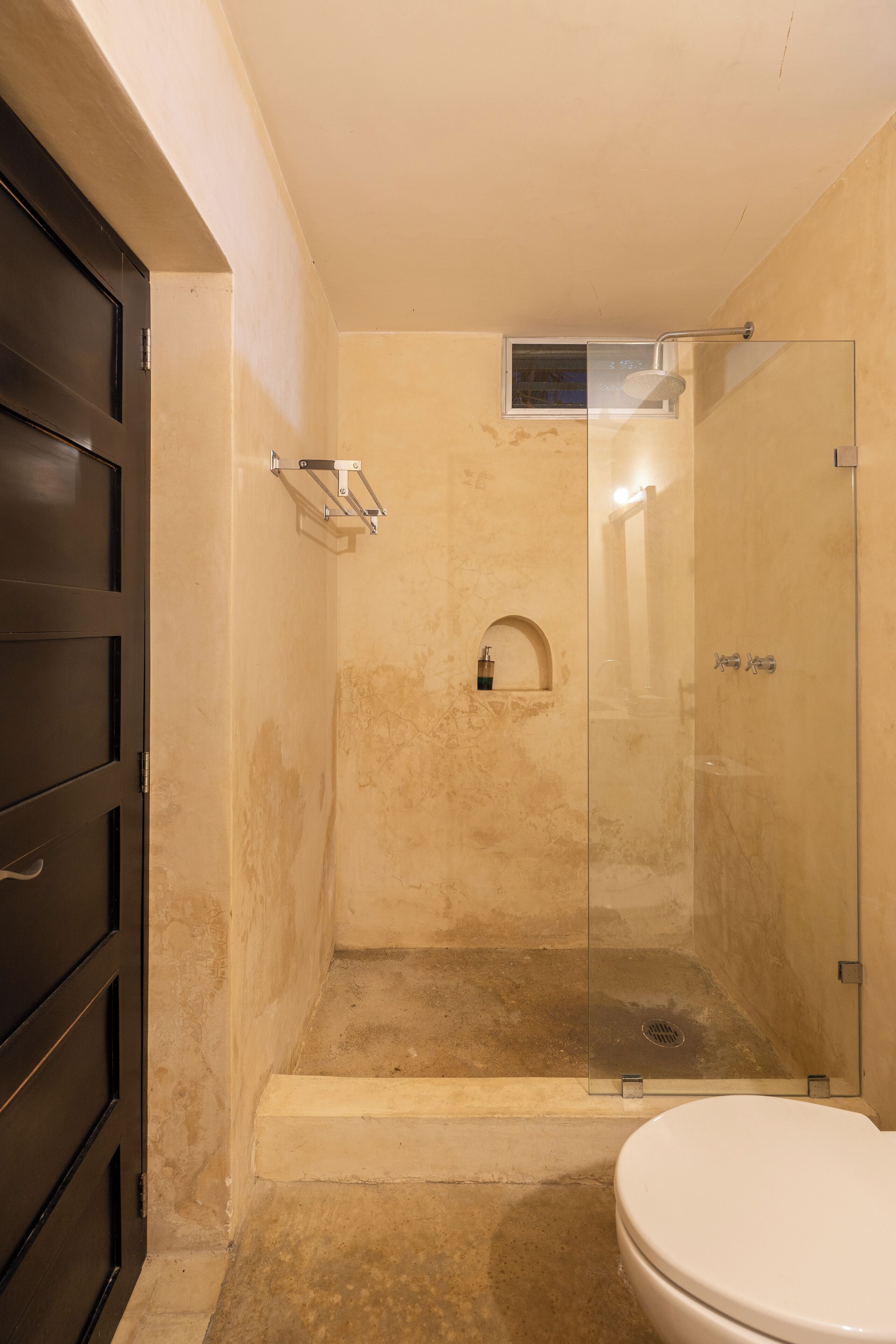 Un baño con cabina de ducha de vidrio, inodoro blanco y puerta de madera oscura.