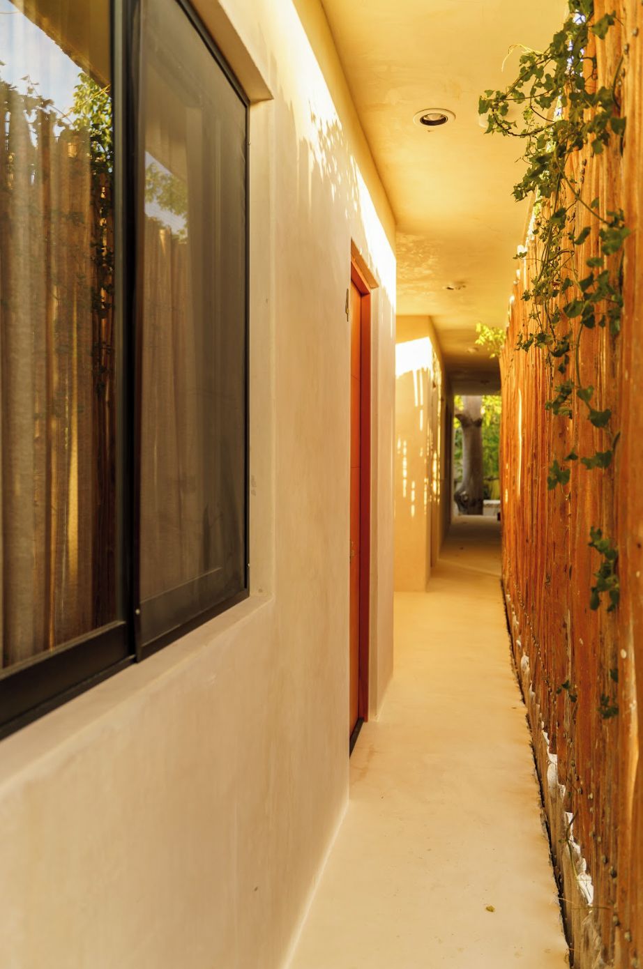 A corridor with a wooden wall covered in ivy, a large window, and a door at the end.