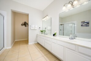 Hair dryer, towels, shampoo