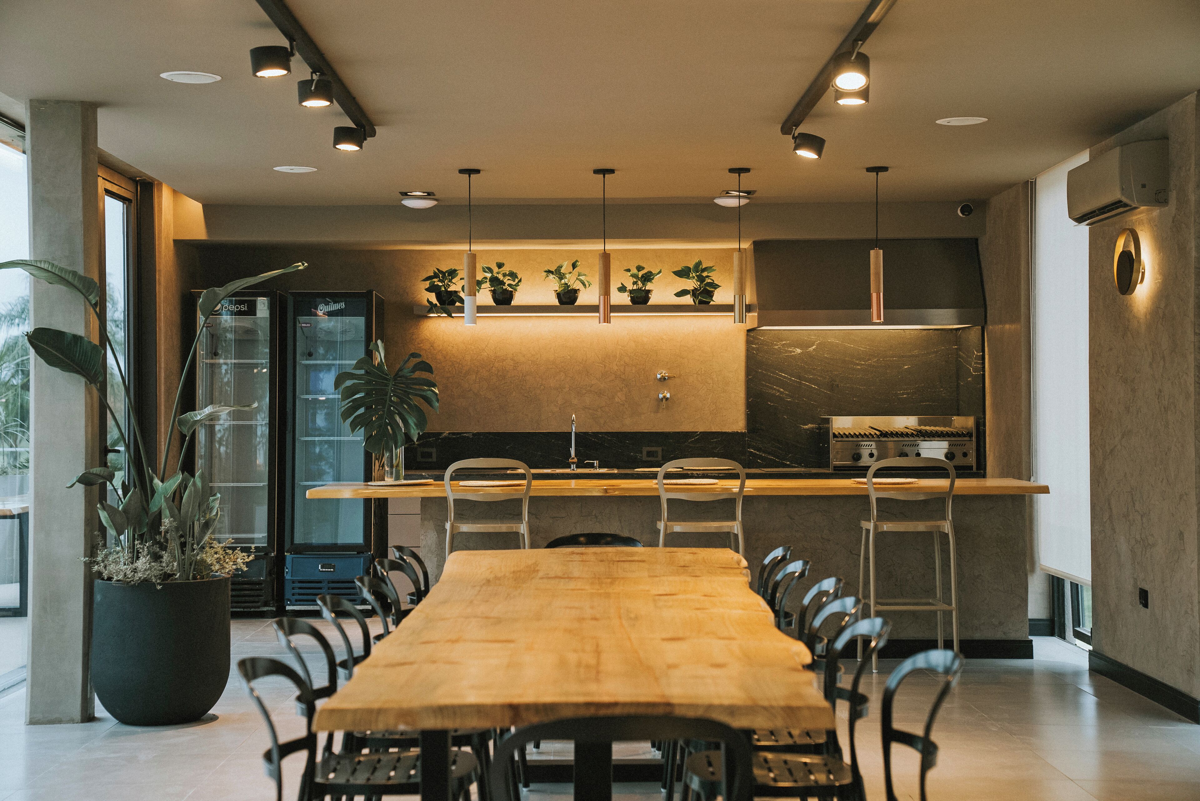 Une cuisine moderne avec une table à manger en bois, des chaises, des plantes en pot et des appareils électroménagers intégrés.