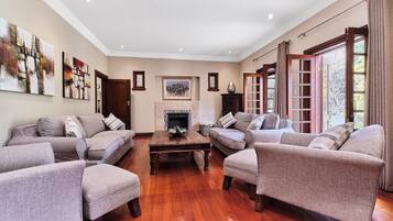 TV connectée, cheminée, livres, chaîne hi-fi