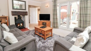 A living room with a fireplace, a television, and two sofas. - Church View (Hull)