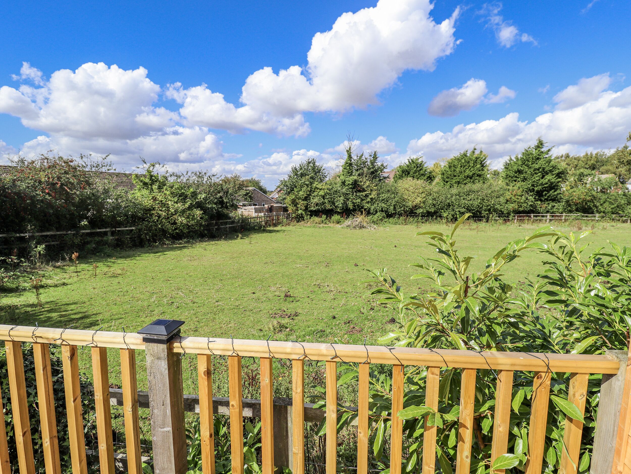 A wooden deck with a view of a grassy yard and trees.
