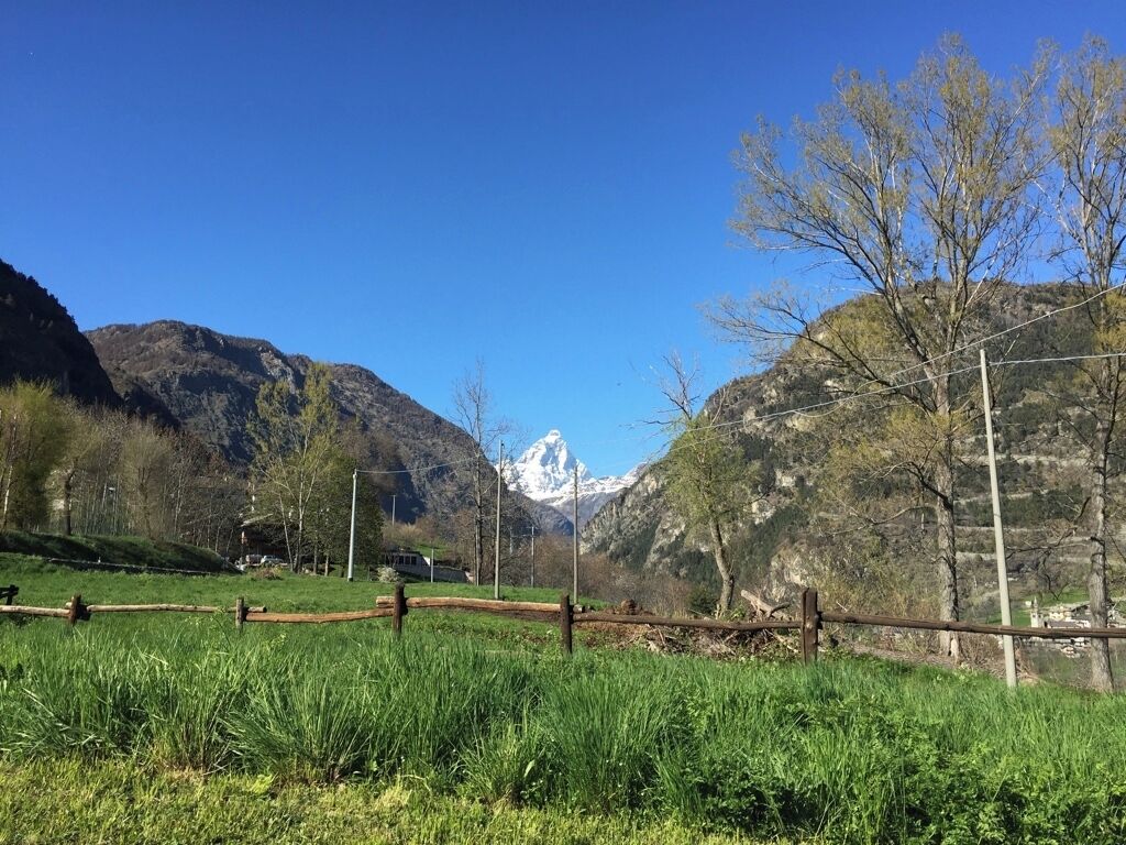 A mountainous landscape with a clear sky, a wooden fence, and a distant snow-capped peak.