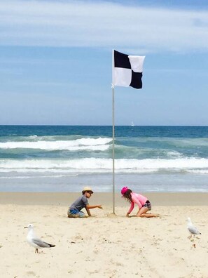 Une scène de plage avec un mât de drapeau, des vagues et des mouettes.