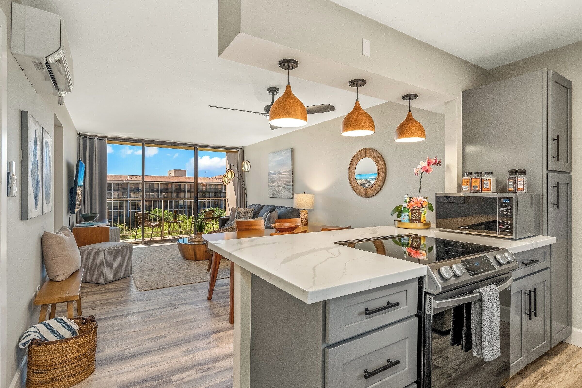 Luxury Condo | Private kitchen | Full-sized fridge, microwave, oven, stovetop