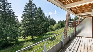A wooden deck with a metal railing overlooking a forested area.