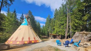A teepee with a ladder, surrounded by blue chairs, in a forested area with a small wooden structure in the background. - The Raven's Nest Teepee . Nestled in the Selkirk Mountain range, in Naples Idaho (Naples)