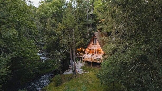 Una cabana envoltada de bosc dens, amb terrassa i zona d'estar a l'aire lliure.