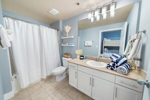 Hair dryer, towels, soap, shampoo