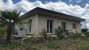 A modern two-story house with a flat roof, large windows, and a well-maintained garden with various plants and a palm tree. - Ecolodge Plain Pied Avec Terrasses Multiples, 8 Personnes (Fontaine-lès-Luxeuil)