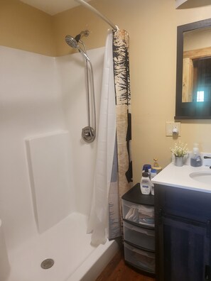 Hair dryer, towels, soap, shampoo