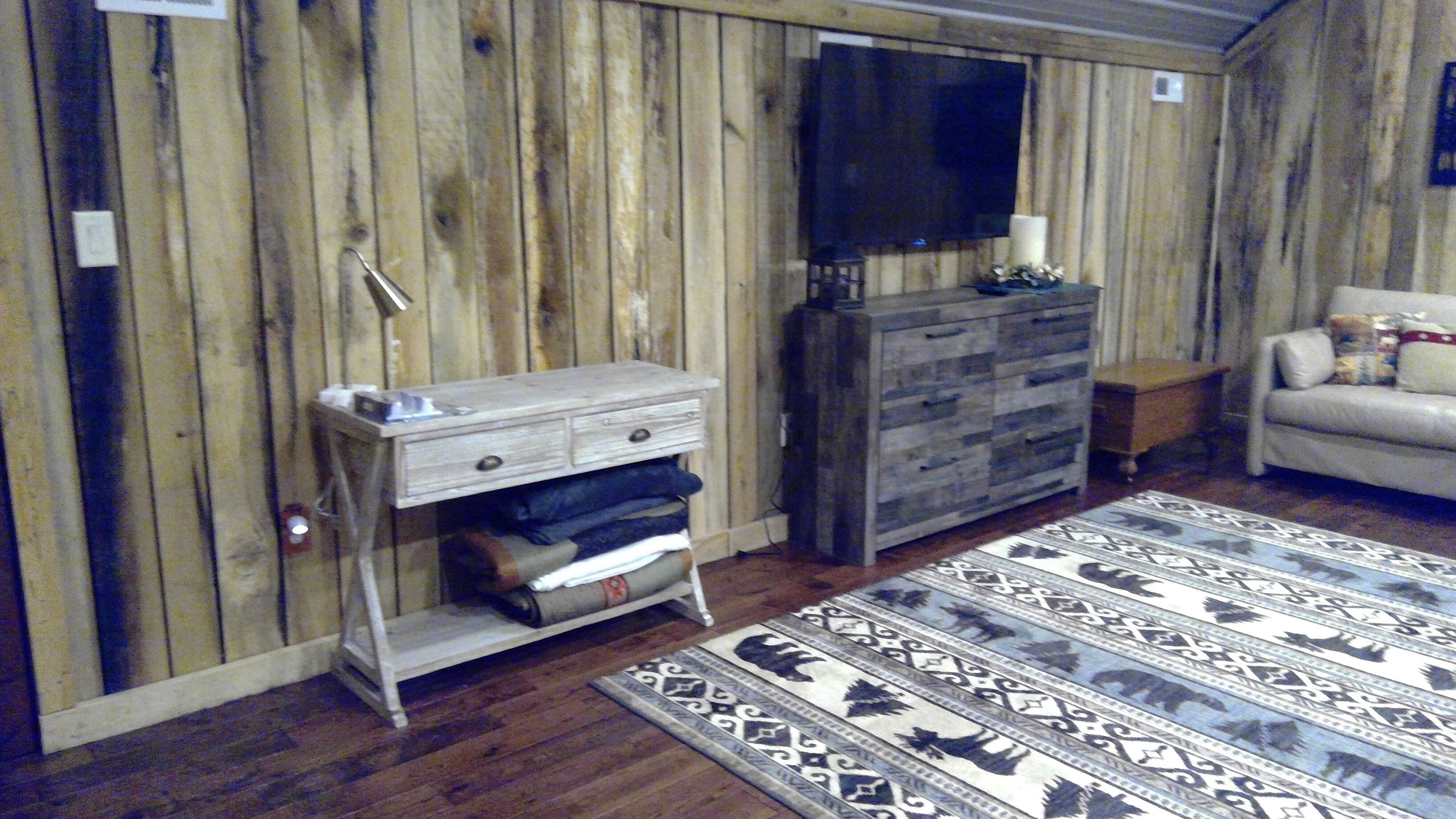 Una habitación con paneles de madera, un televisor de pantalla plana montado en la pared, un sofá blanco, un tapete estampado y un aparador de madera con cajones.