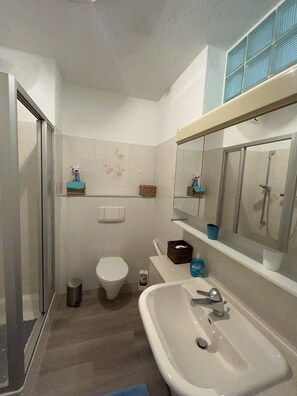 Hair dryer, towels, soap