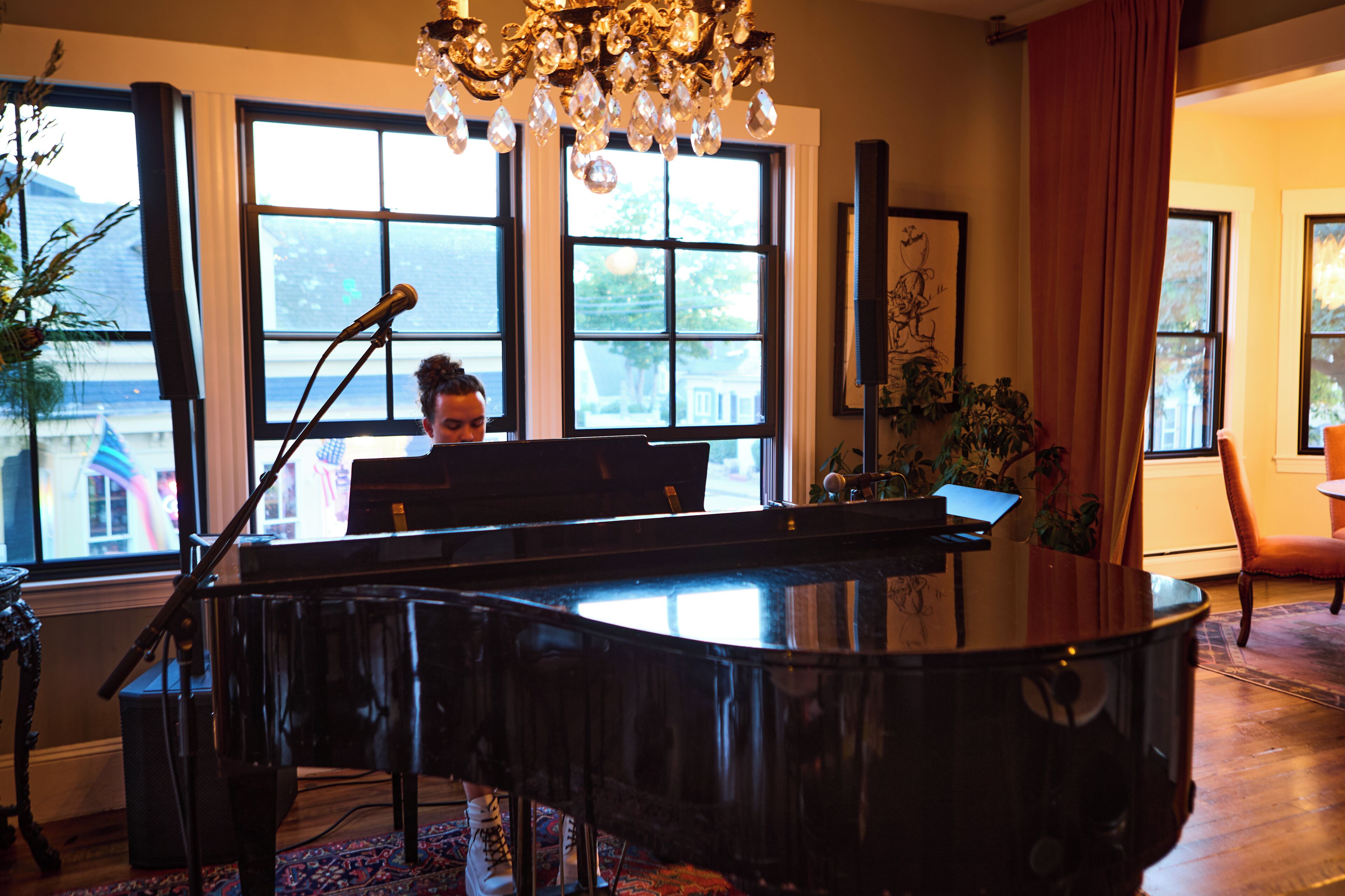 A grand piano in a room with large windows, a chandelier, and a potted plant.
