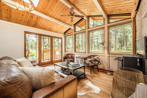 Smart-TV, Kamin, Tischtennisplatte, Bücher