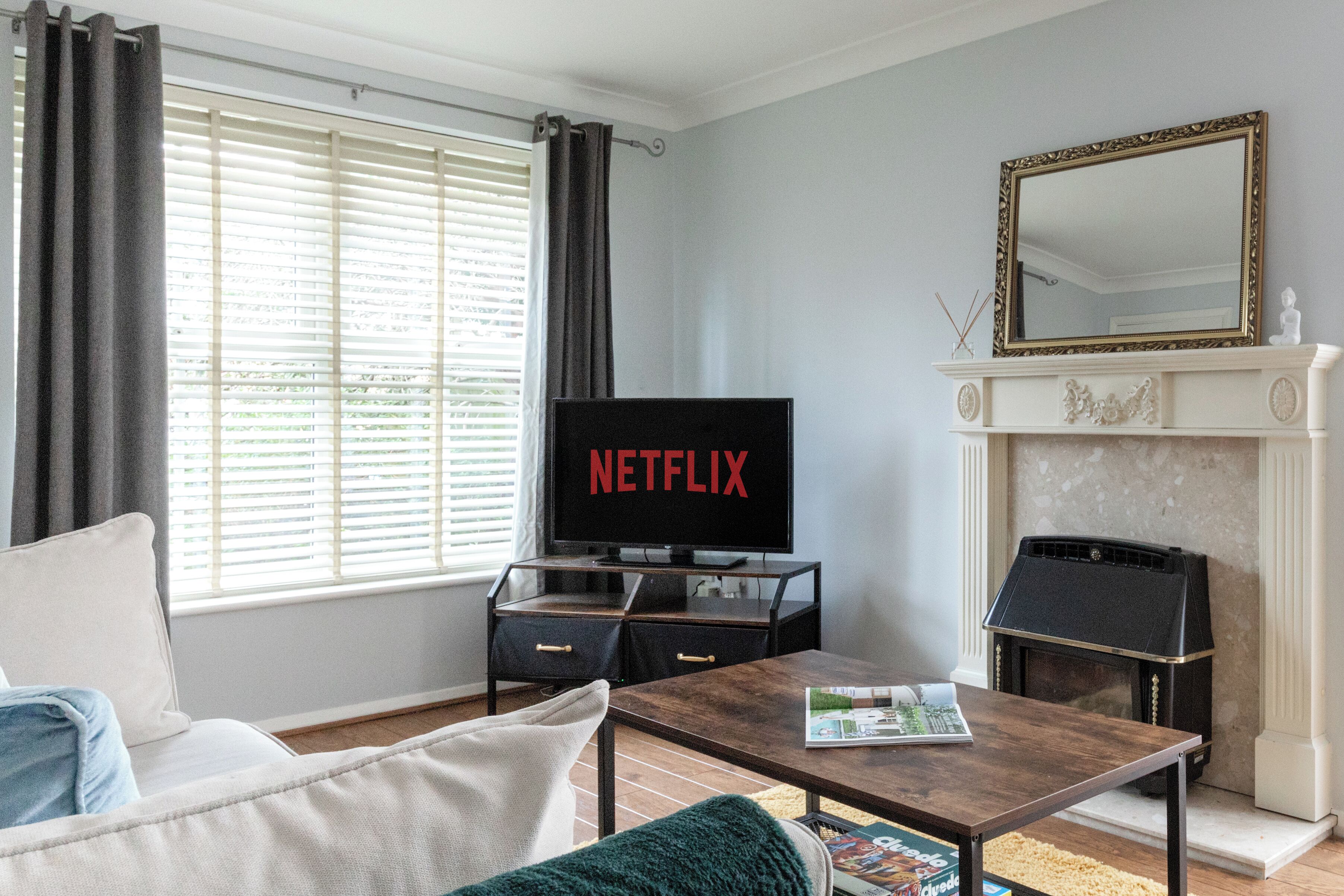 Smart TV, fireplace, foosball, books