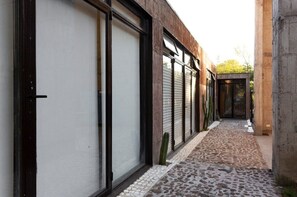 Stroll along the walkway lined with buildings featuring large windows and shutters, surrounded by a cactus plant.