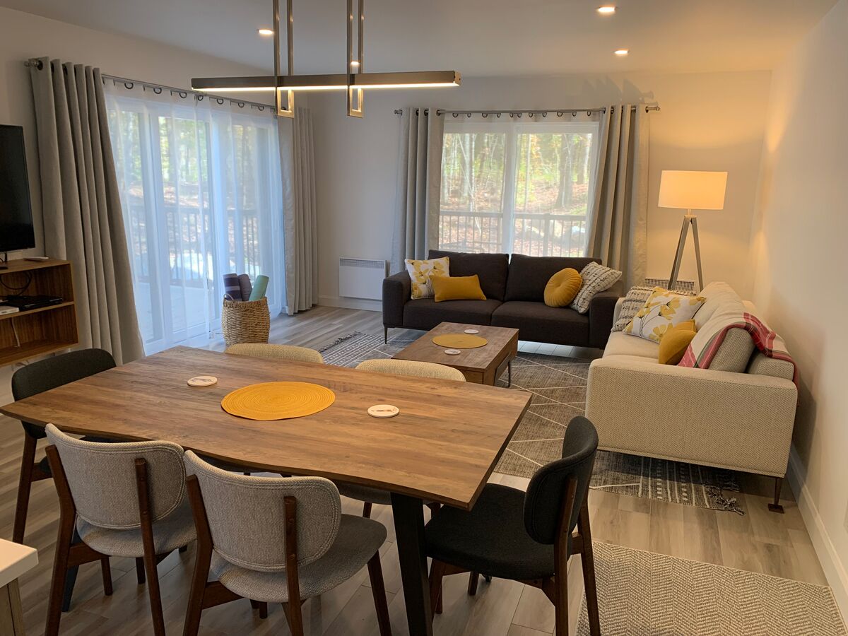 A modern living room with a wooden dining table, two sofas, and a floor lamp.