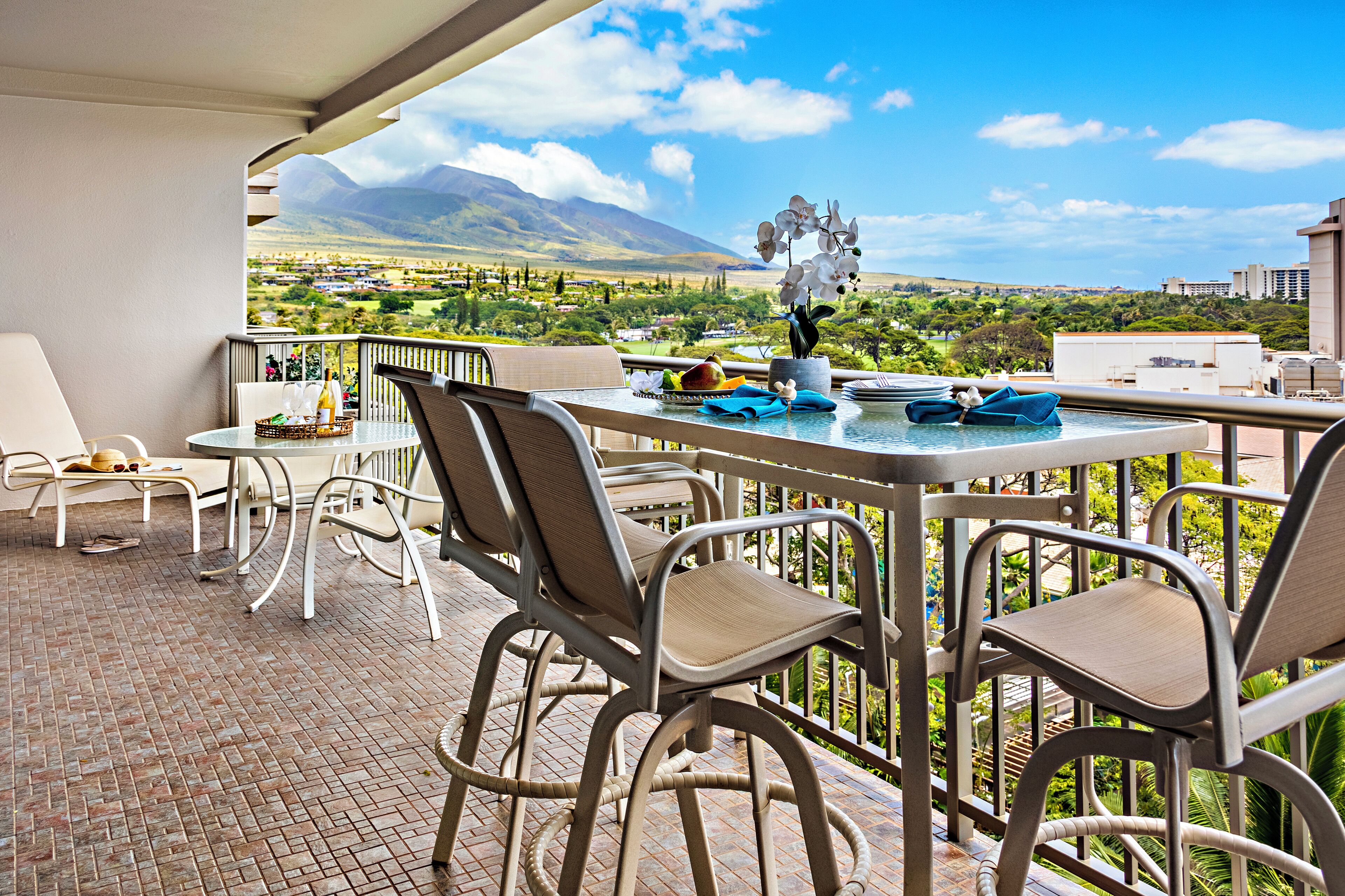 Une terrasse avec une table et des chaises, un pot de fleurs et une vue sur un paysage montagneux.