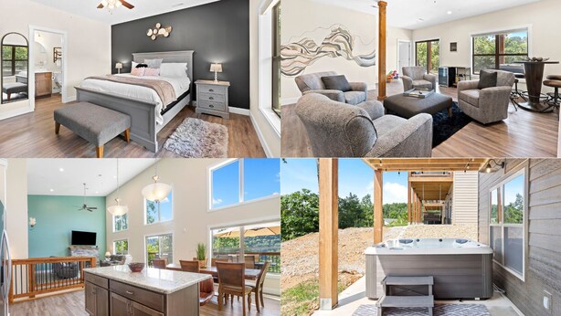 Une chambre moderne avec un grand lit, des tables de chevet et une vue sur l’extérieur. L’image montre également un salon avec une cheminée, un coin repas avec une grande table et des chaises, ainsi qu’un espace avec un jacuzzi.
