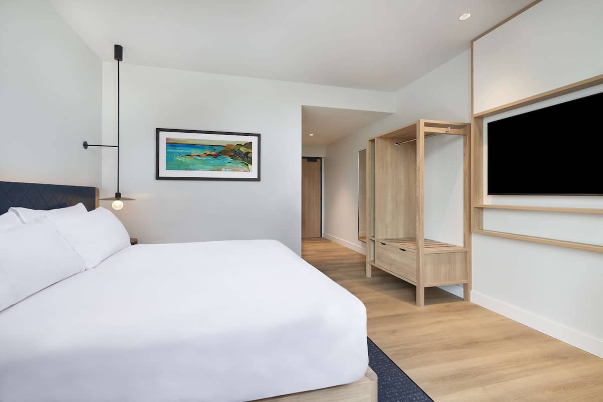 Una habitación de hotel moderna con una cama grande, un armario de madera, un cuadro enmarcado y un televisor de pantalla plana.