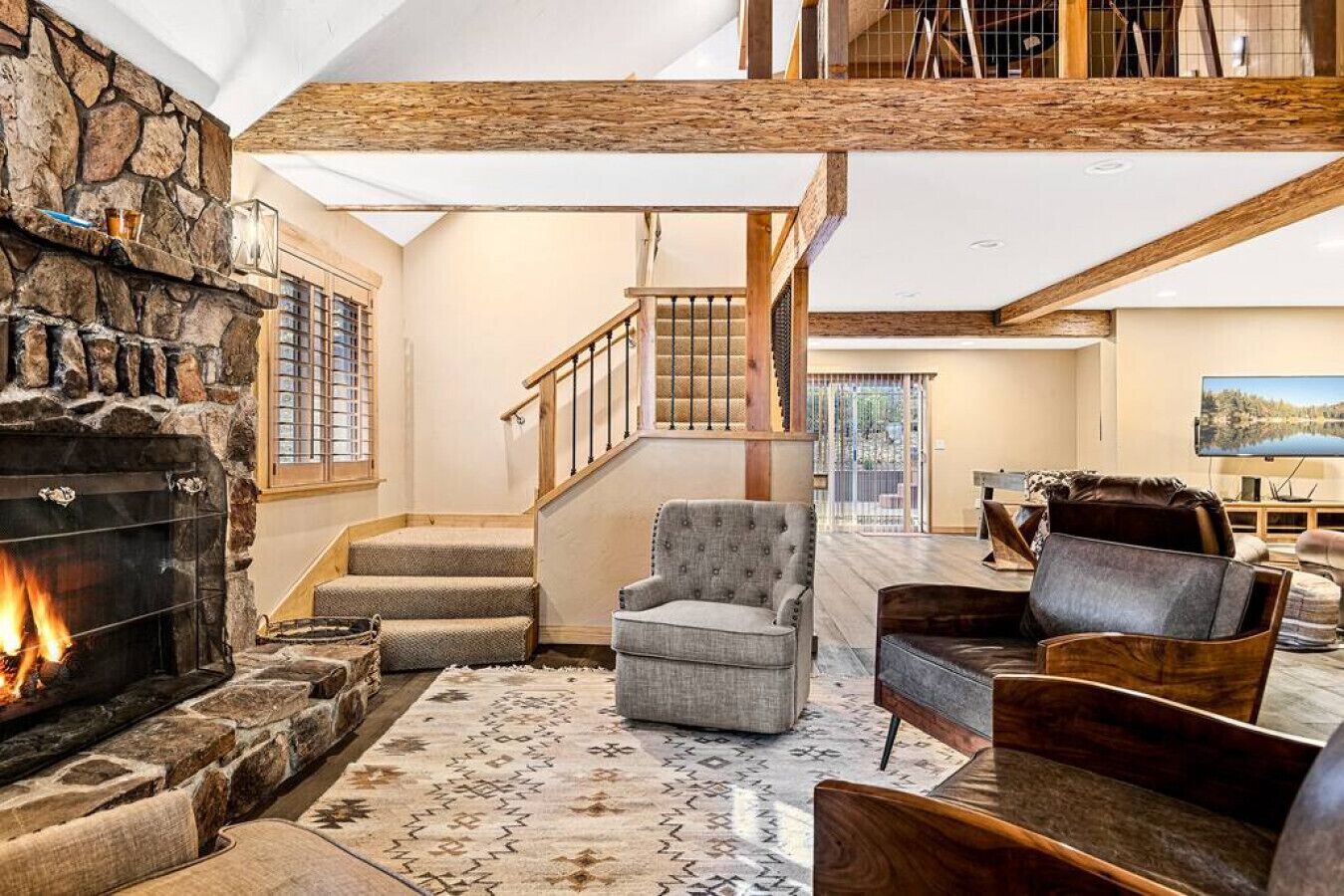 Smart TV, fireplace, foosball