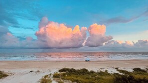 Una playa con una persona de pie cerca del agua, una sombrilla azul y algo de vegetación en primer plano.