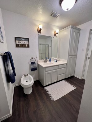 Shower, hair dryer, bidet, towels