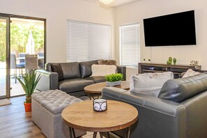 Smart TV, fireplace, video games, table football