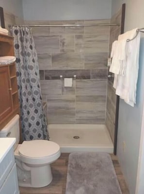 Hair dryer, towels, soap, toilet paper