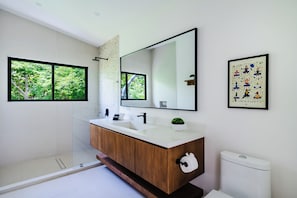 Shower, hair dryer, towels