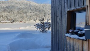 A wooden cabin with a window overlooking a snowy landscape and a forest. - Studio apartment for 2 persons with terrace, 34 m² (Inzell)