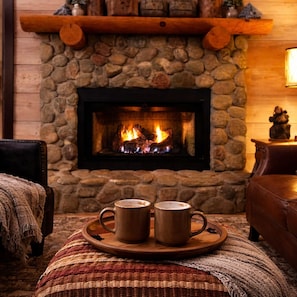A stone fireplace with a fire, two mugs on a tray, and a cozy seating area. - Blue Ridge Mountain Cabin w/ Hot Tub, Firepit, Game Room & Scenic Views (Blue Ridge)