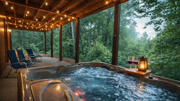 A hot tub with a wooden deck, chairs, and a lantern.