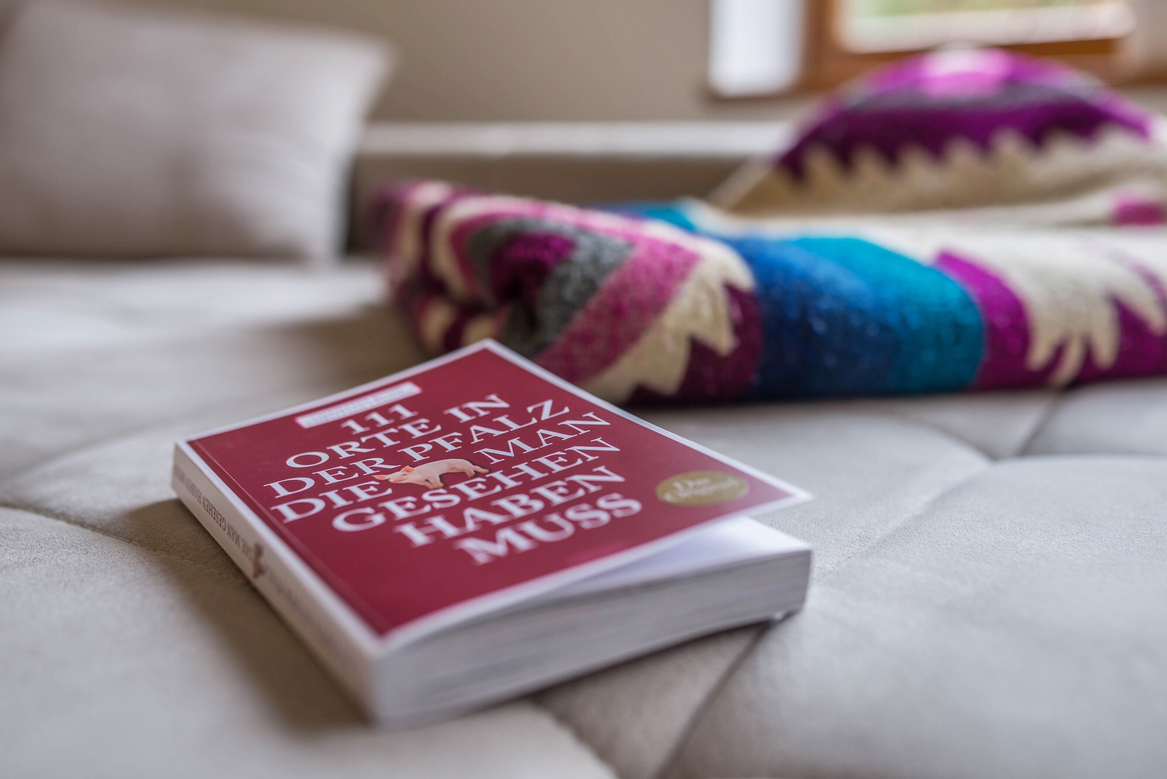 A book titled '11te in der Pfalz' on a bed with a colorful blanket.