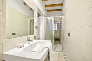 A bathroom with a white sink, a mirror, and a shower area.