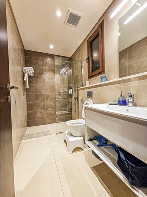 Hair dryer, towels, soap, shampoo