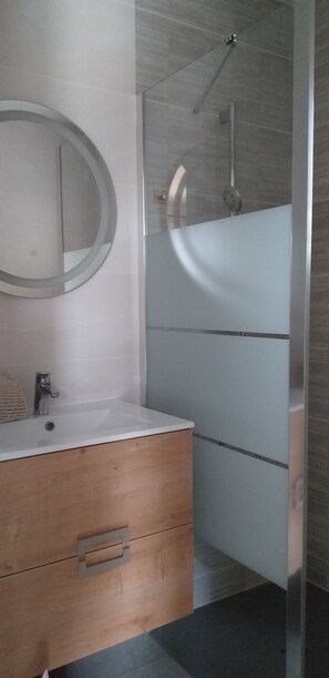 Shower, hair dryer, towels, toilet paper