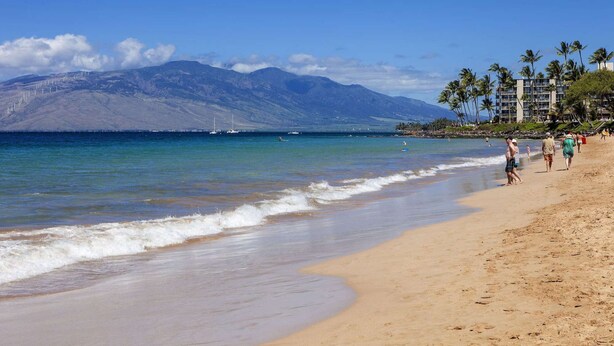 A beach with clear blue water, a sandy shore, and a mountainous backdrop.