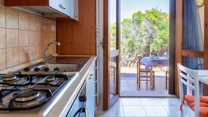 Una cocina con estufa a gas, un lavamanos y armarios de madera. Hay una puerta corrediza de vidrio que da a un espacio exterior con una mesa y sillas.