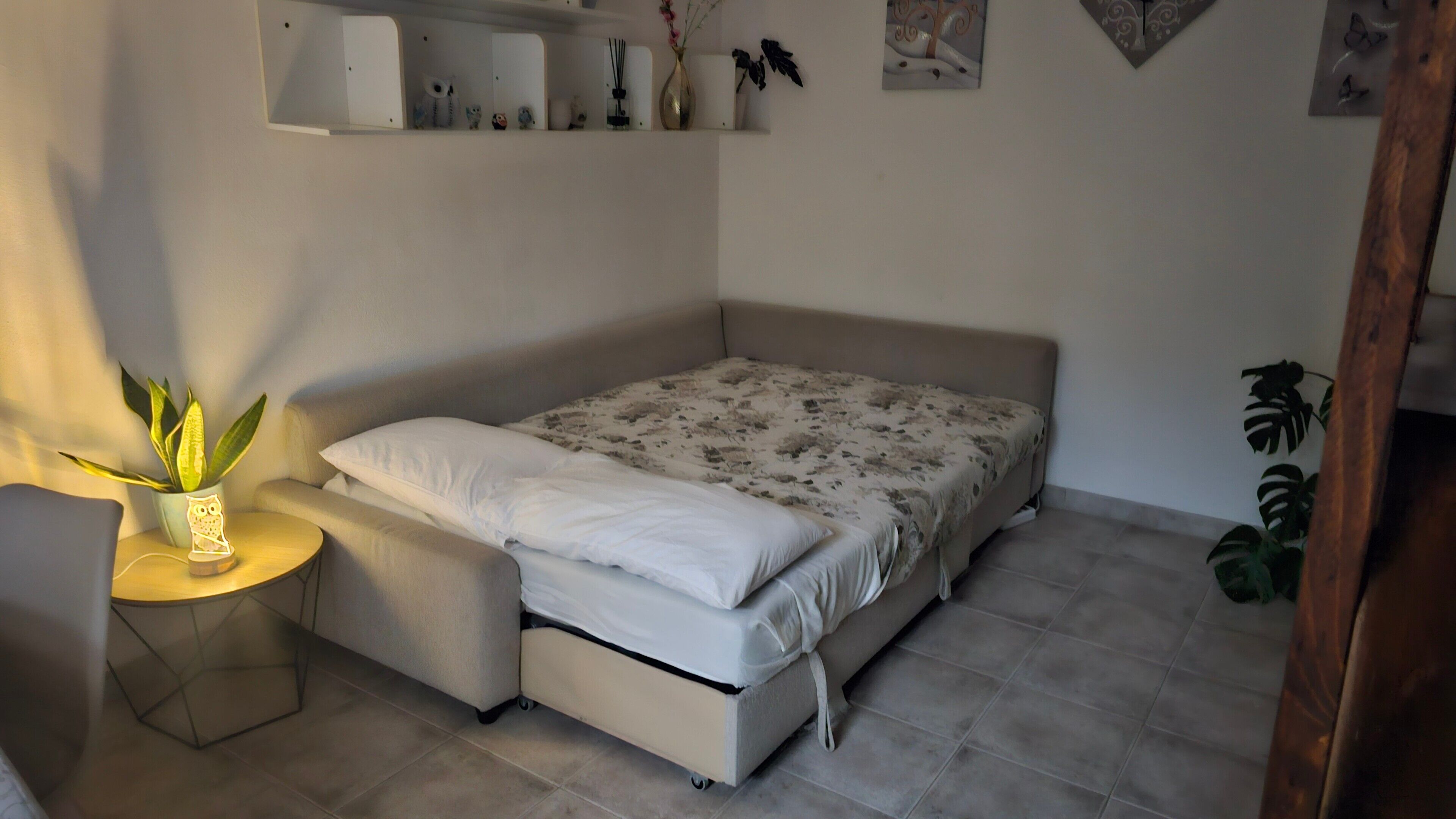 Un dormitorio con una cama, una mesita con una planta y un estante de pared con adornos.