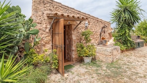 Un edificio rústico de piedra con puerta de madera, rodeado de plantas diversas y un cactus.
