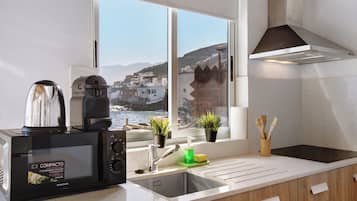 Fridge, microwave, stovetop, coffee/tea maker