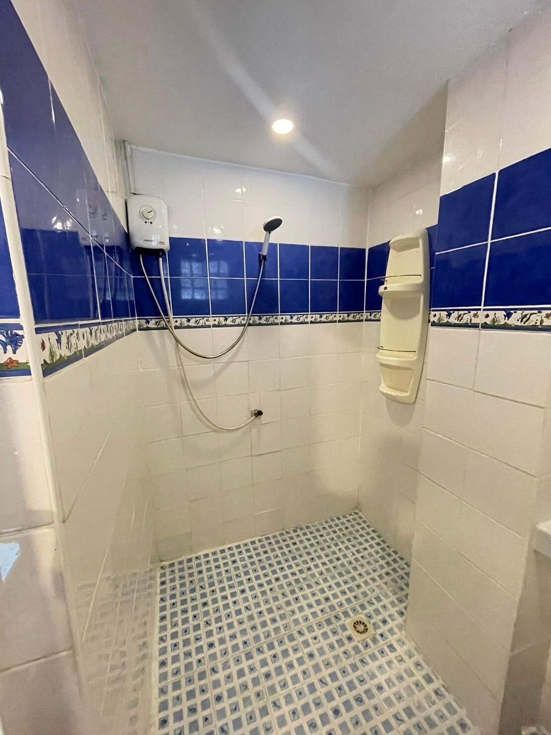 Um pequeno banheiro com azulejos, chuveiro manual e torneira fixada na parede.