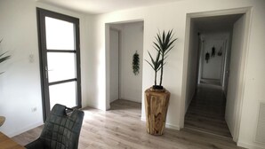 A room with a wooden floor, a potted plant, and a chair.