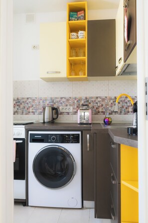 Fridge, oven, stovetop, coffee/tea maker