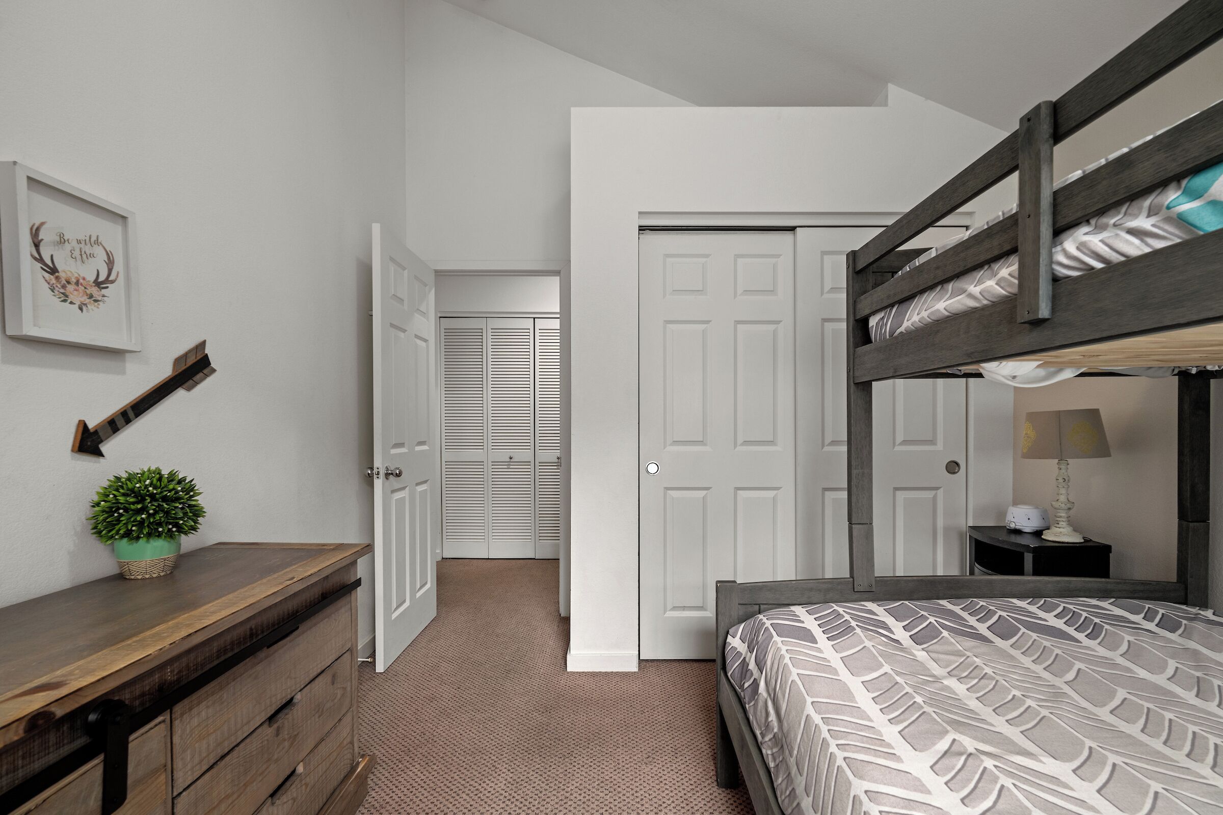 A bedroom with a bunk bed, a dresser, a potted plant, a framed picture, and a door leading to a closet.