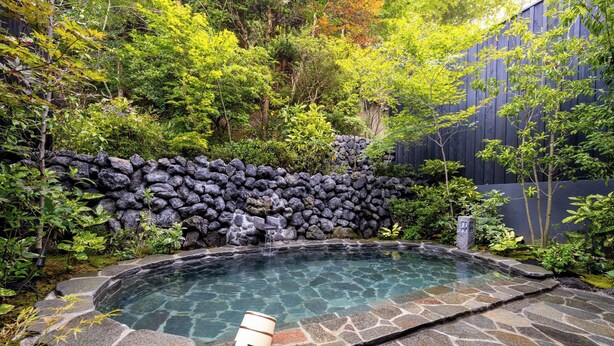 A stone-lined swimming pool with a stone wall and lush greenery in the background. - besshoonsen midoriya (Ueda)